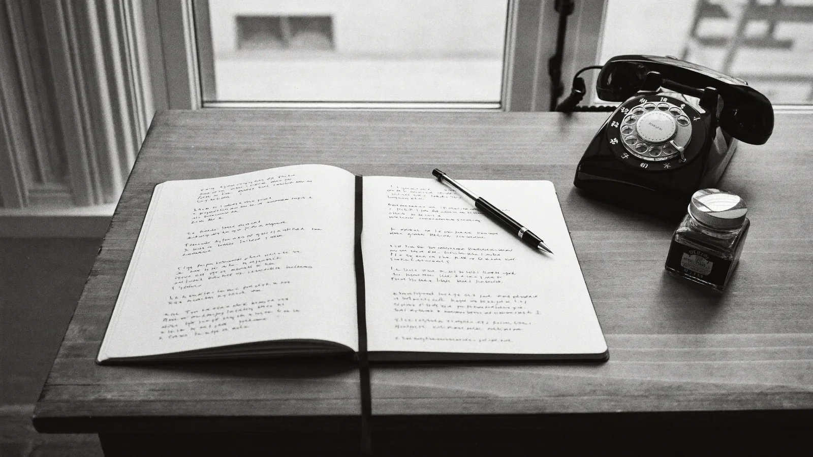 Bureau d'atelier près d'une fenêtre : carnet, stylo plume, encrier et téléphone, noir et blanc